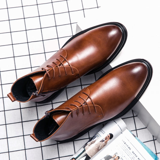 Men's pointed leather lace-up shoes, brown, glossy finish, boot height