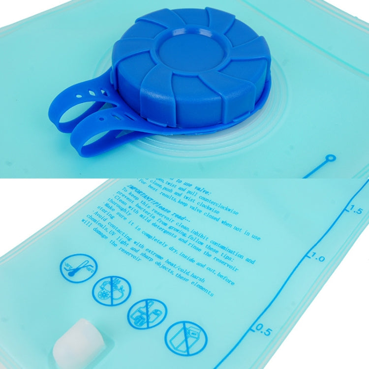 Aqua 2L water bladder close-up with blue valve cap and safety icons