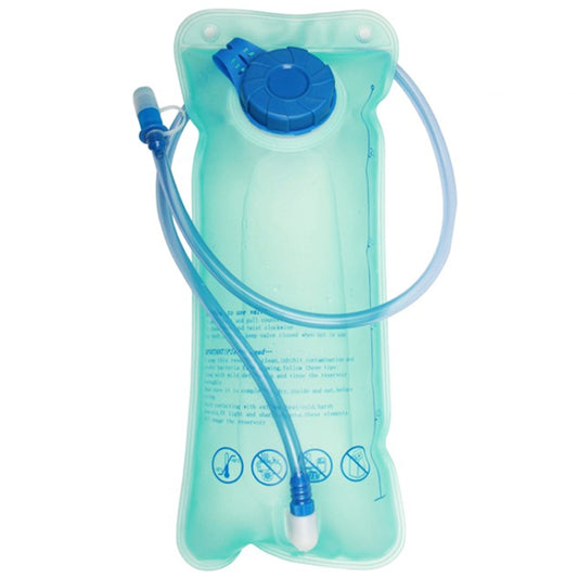 2L foldable water bladder with blue valve cap and drinking hose, light aqua