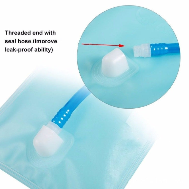 Water bag hose connector with threaded seal and white stopper on light aqua bladder