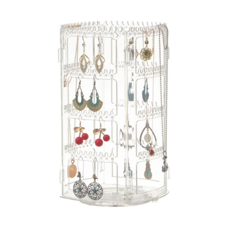 Clear rotating earring display rack with multi-layer hooks holding dangling earrings