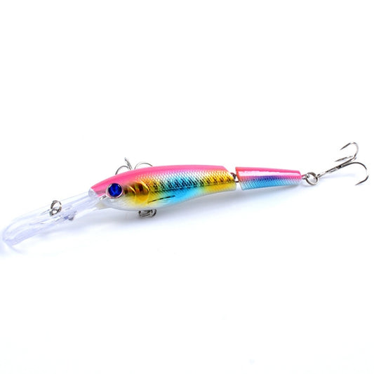 Multicolor plastic minnow fishing lure with blue eye, pink accents, clear lip, two treble hooks