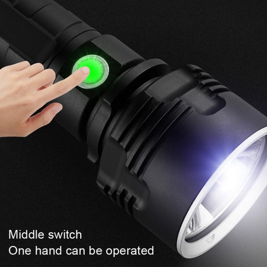 Black LED flashlight with hand pressing middle switch and green ring indicator