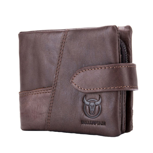 Coffee-brown leather horizontal wallet with buckle front flap and stitched edges