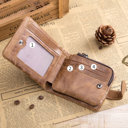 Brown leather wallet shown open with card slot panels and small coin pocket