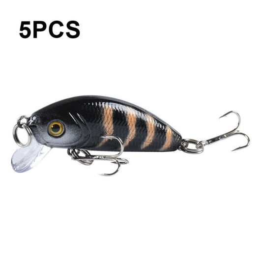 Hard plastic fishing lure, dark gray with tiger stripe pattern and yellow eye, 2 treble hooks
