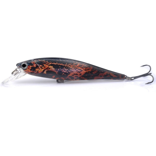 Floating minnow lure with orange and black patterned body, clear lip, double hooks