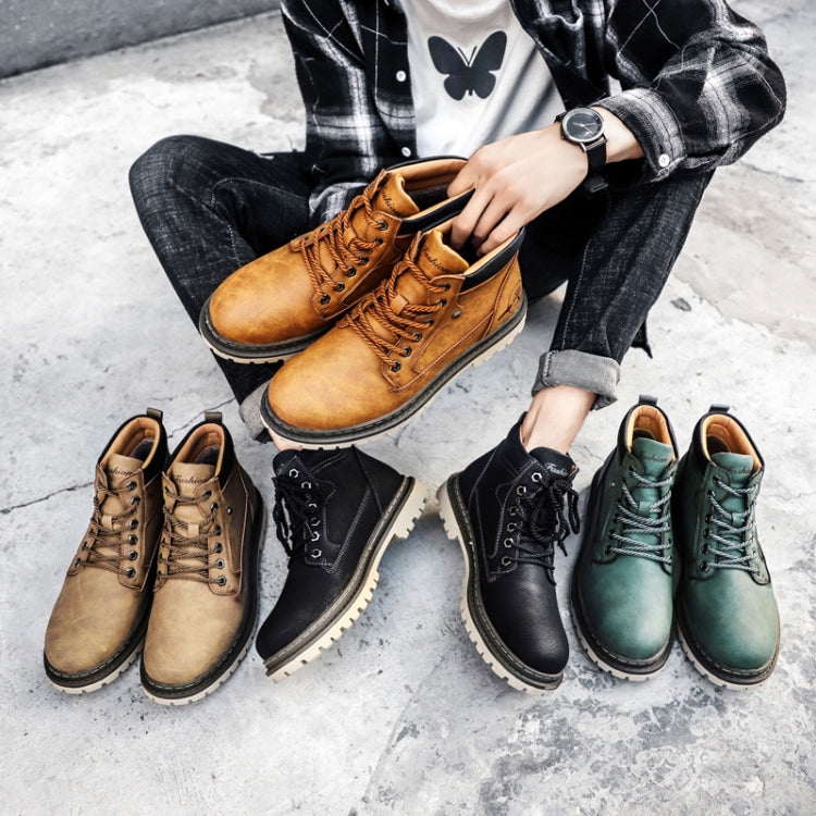 Collection of lace-up winter work boots in tan, black, and green colors