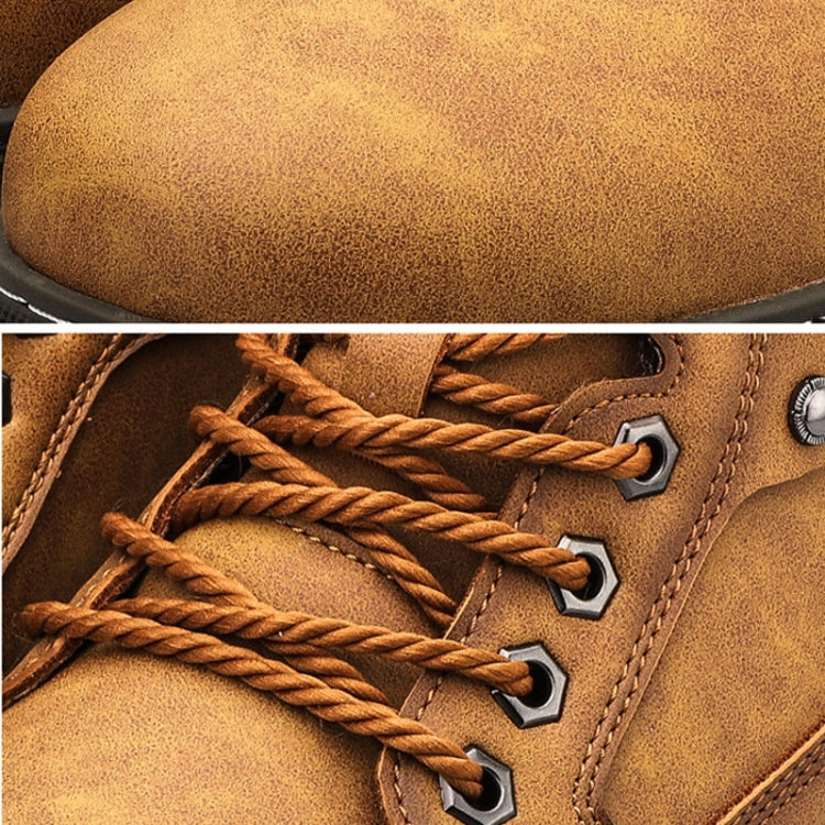 Tan lace-up boot close-up with braided laces and metal eyelets