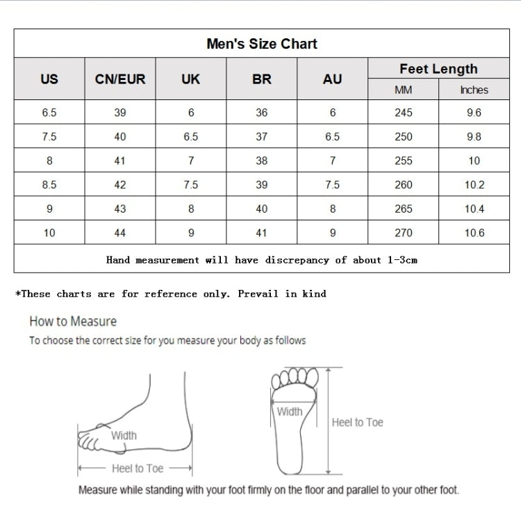 Men's size chart table with US, CN/EUR, UK, BR, AU and foot length in inches