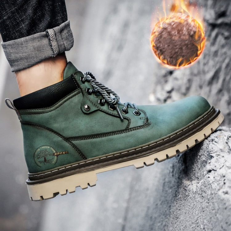 Green lace-up outdoor work boot with black side panel and rugged treaded outsole