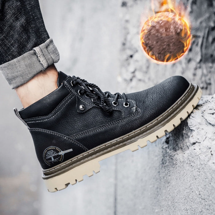 Men's black winter boots with lace-up closure, grippy outsole, and round toe