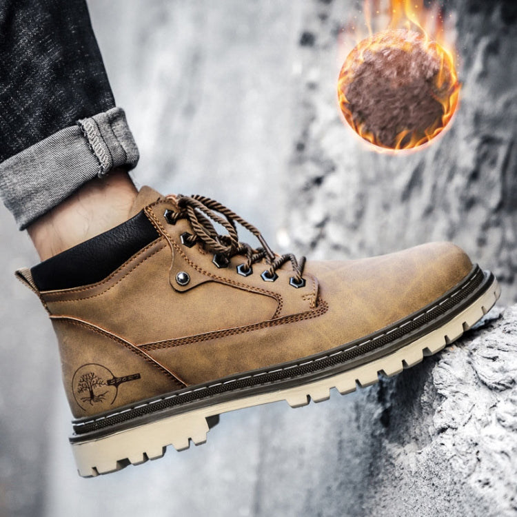 Tan outdoor work boot with black collar, lace-up lugs, and durable treaded outsole