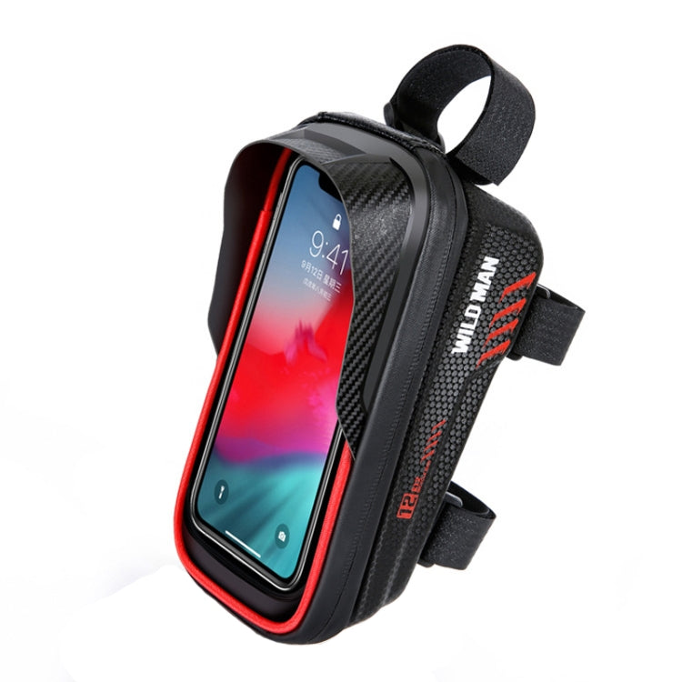 Black front bike phone bag with carbon-fiber pattern and red zipper trim, strap mount