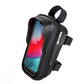 Black front bike phone bag with carbon-fiber texture, side straps, and red-lined frame