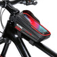 Black mountain bike front beam bag with carbon-style panel and red-edged phone window