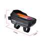 Black front bike phone bag with carbon-fiber look, dual side straps, and open top
