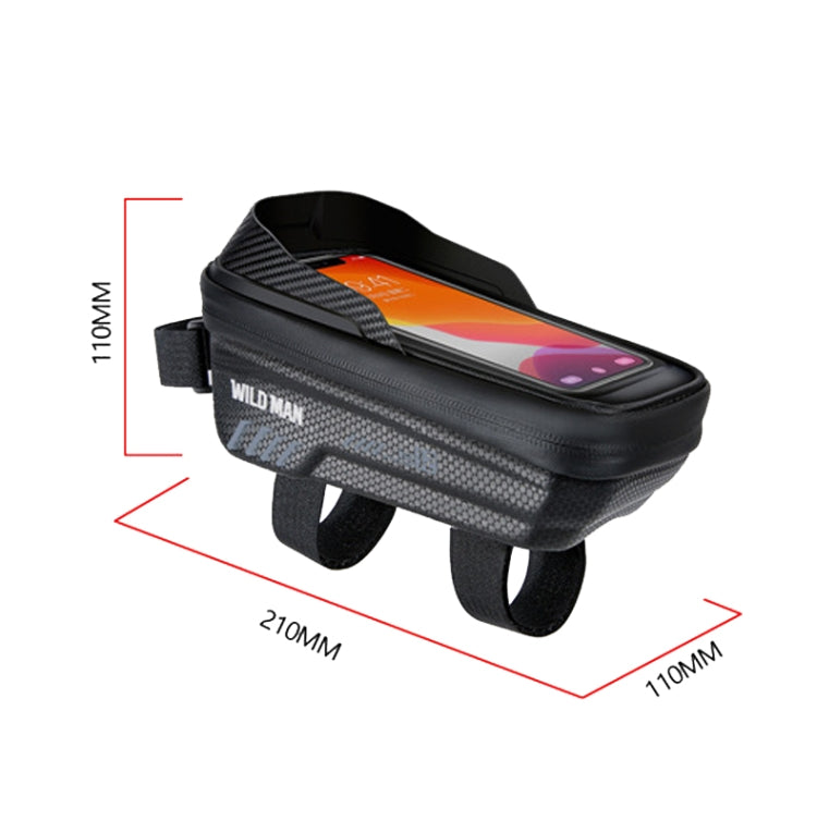Black front bike phone bag with carbon-fiber look, dual side straps, and open top