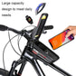 Black front bike beam bag with carbon-fiber texture and straps; phone and accessory storage