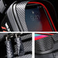 Black phone bike bag with carbon-fiber paneling, red interior trim, and zipper detail