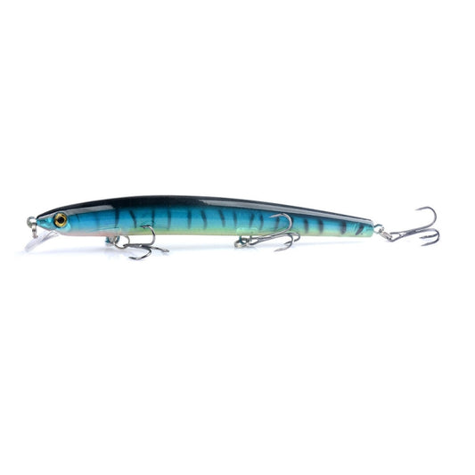 Blue minnow-style fishing lure with two treble hooks, eye detail, and metal split rings.