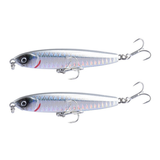 Two hard bait sinking pencil lures, silver with blue and rainbow accents, twin treble hooks