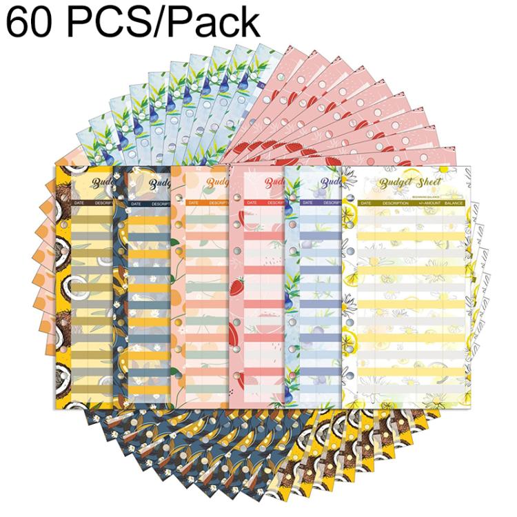 Loose-leaf budget sheet cards, bright assorted patterns with printed budgeting rows, 60-pack