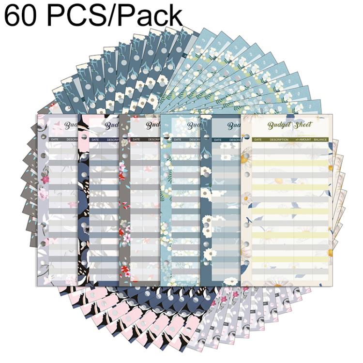 Loose-leaf budget sheet cards, cool-tone patterned pages with printed lines, 60-pack