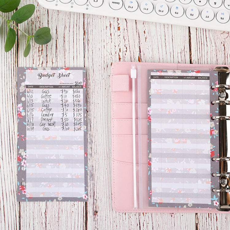 Budget sheet pages in binder rings, pink patterned cover with lined inserts and tabs