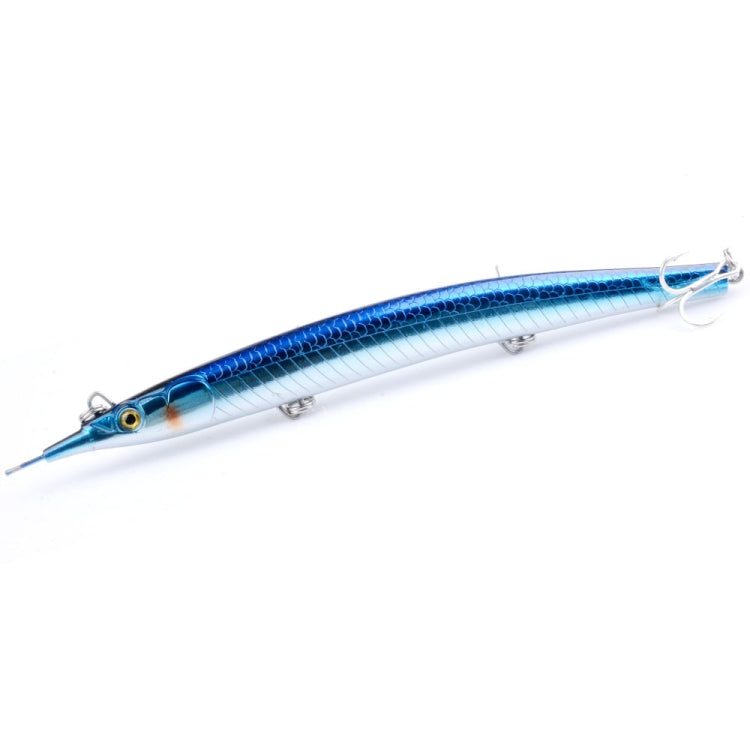 Blue and silver pencil fishing lure with lip, three treble hooks, and split rings