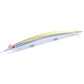 Silver and blue pencil fishing lure with three treble hooks and front diving lip