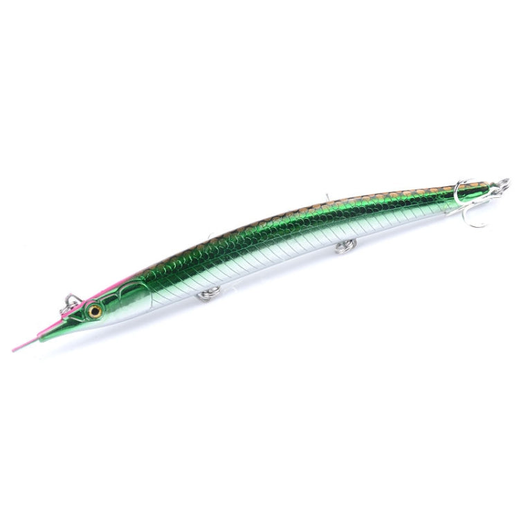 Green and silver pencil fishing lure with pink head accents and three treble hooks