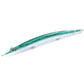 Dark green and silver pencil fishing lure with three treble hooks and clear top fins