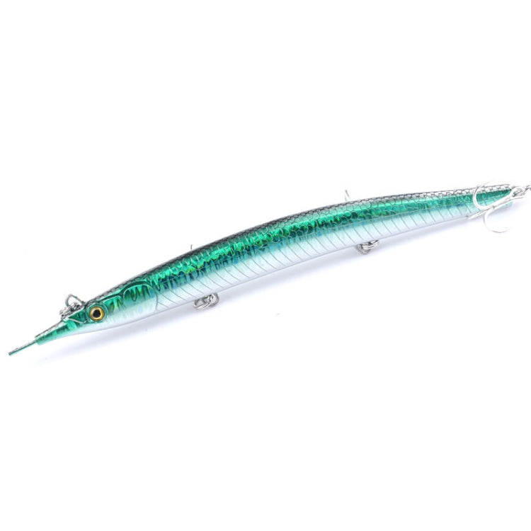 Dark green and silver pencil fishing lure with three treble hooks and clear top fins