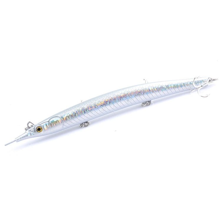 White and silver pencil fishing lure with three treble hooks and subtle colored scale pattern