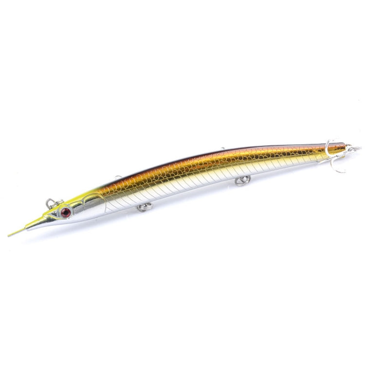 Gold and yellow pencil fishing lure with three treble hooks and front pointed lip