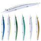 Set of six pencil fishing lures in different colors, each with three treble hooks