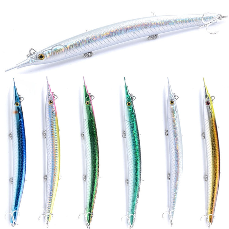 Set of six pencil fishing lures in different colors, each with three treble hooks
