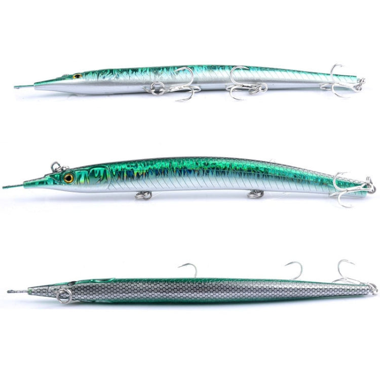 Teal and silver pencil fishing lure with three treble hooks, plus matching lure variants