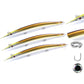 Three gold and yellow pencil fishing lures with treble hooks, plus fishing accessories