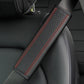 Car seat belt shoulder cover protector in dark textured leather with red double stitching