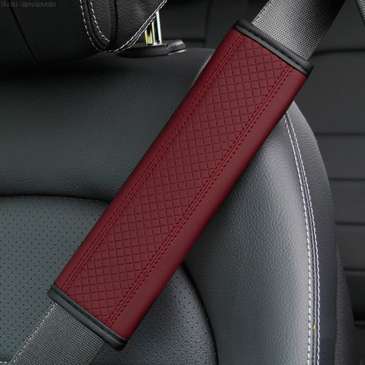 Car seat belt shoulder cover protector in wine red textured leather with dark edge trim