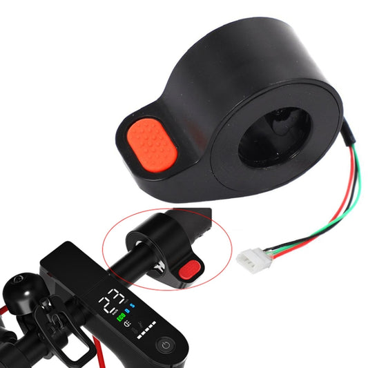 Black scooter finger paddle accelerator with orange textured button and wiring connector