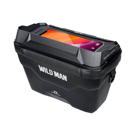 Black hard-shell bicycle handlebar bag with touch-screen window and secure zipper