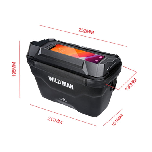 Black hard-shell bicycle handlebar bag with touch-screen window and compact form