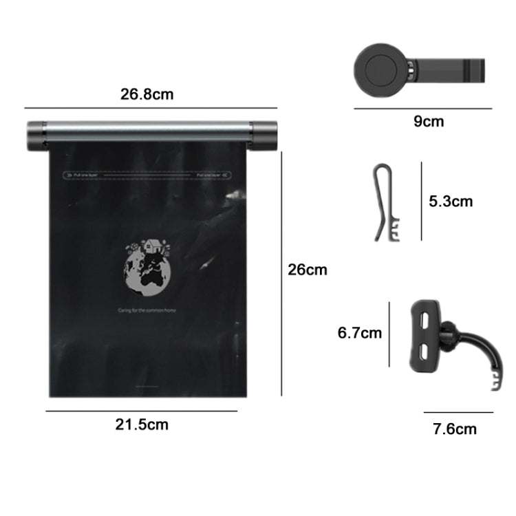 Car garbage bag organizer holder with size diagram and mounting clip