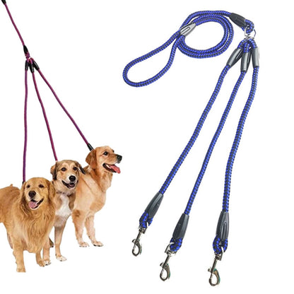 3-head dog walking leash rope, blue braided leads with three snap clips
