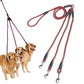 3-head dog walking leash rope, red braided leads with three snap clips