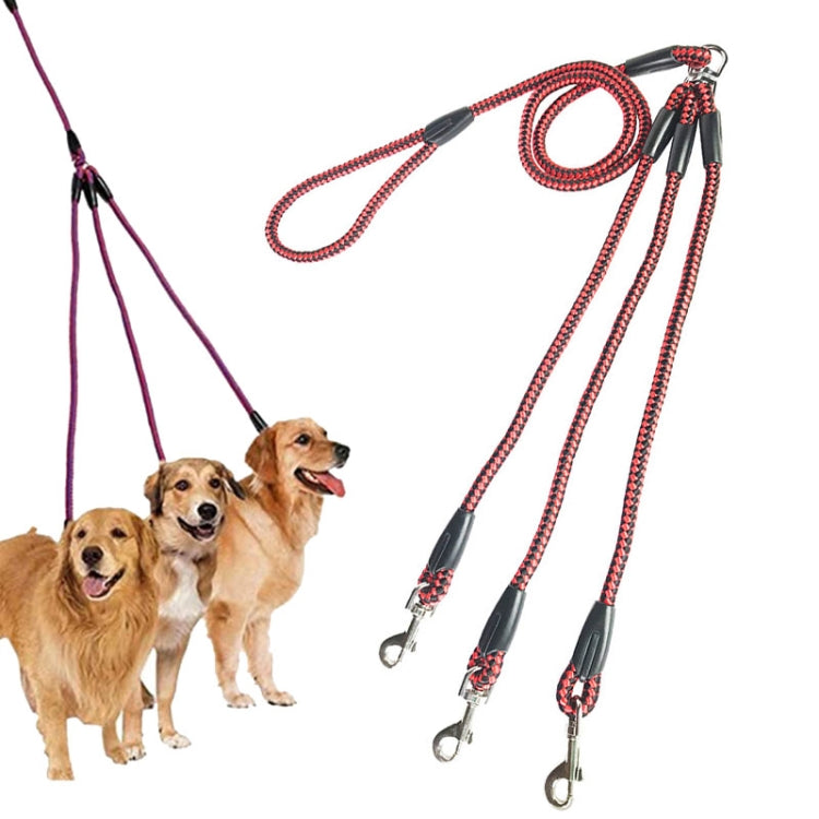 3-head dog walking leash rope, red braided leads with three snap clips