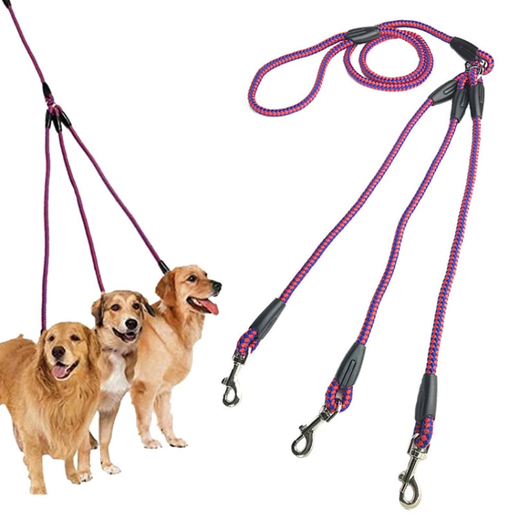 3-head dog walking leash rope, rose-red braided leads with three snap clips